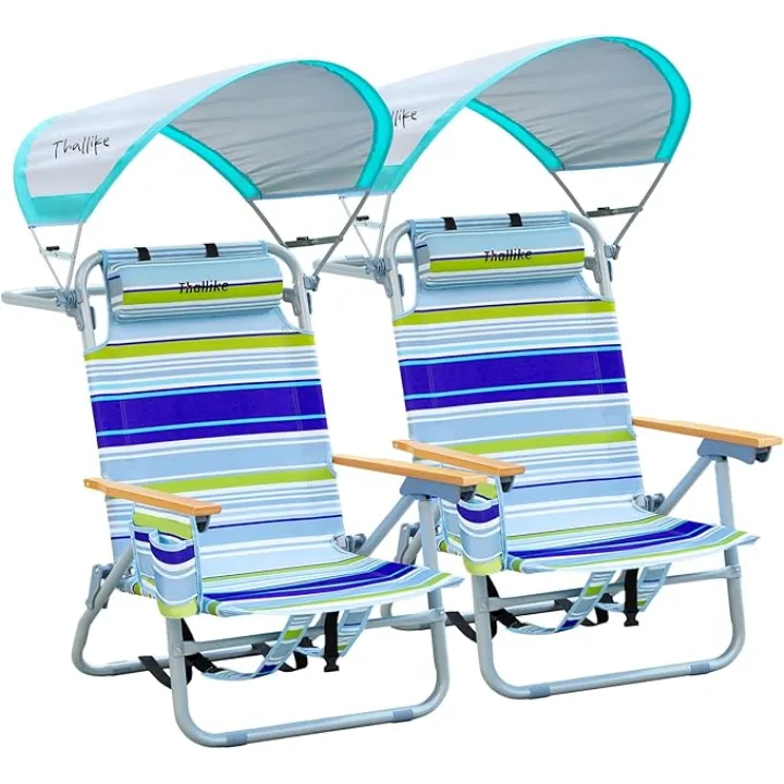2 Pack Backpack Beach Chairs with Canopy Headrest Cooler Bag Cup Holder Towel Bar 4-Position Recline Wooden Armrests Aluminum Frame Folding Beach Chair for Adults Camping Supports 400 lbs