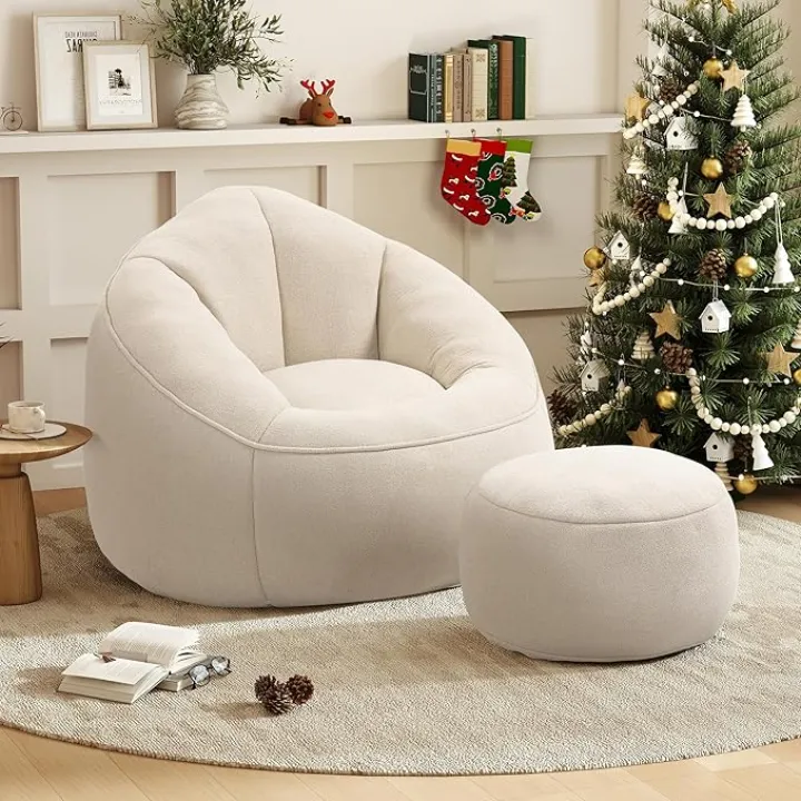 Bean Bag Chairs for Adults, Bean Bag Chair for Kids, 3.4 FT Comfy Beanbag Chair with Ottoman, Bubble Chair Corner Chair, Modern Giant Bean Bag Sofa for Living Room, Beige
