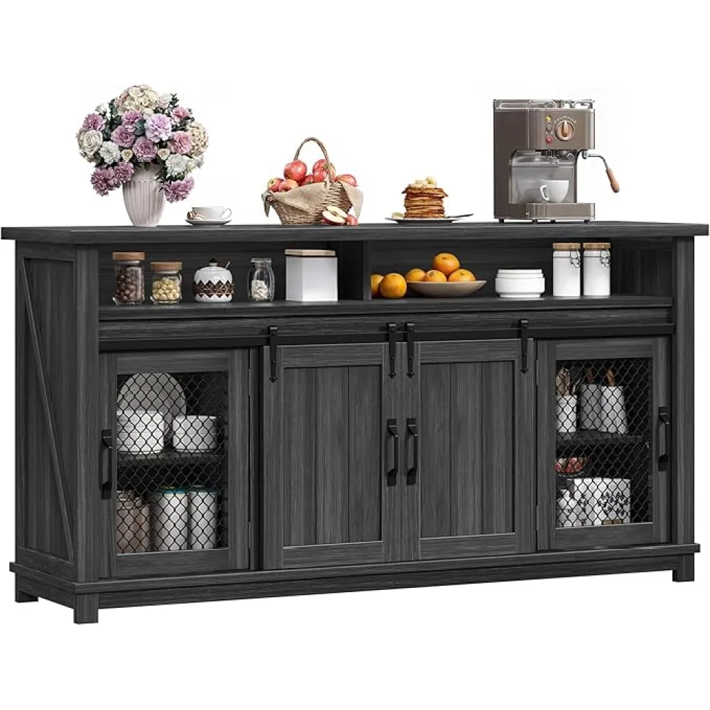 DWVO Farmhouse Sideboard Buffet Cabinet, 63'' Coffee Bar Cabinet with 2 Sliding Barn Doors & 2 Visual Grid Doors, Rustic Storage Cabinets for Kitchen & Living Room, Dark Grey