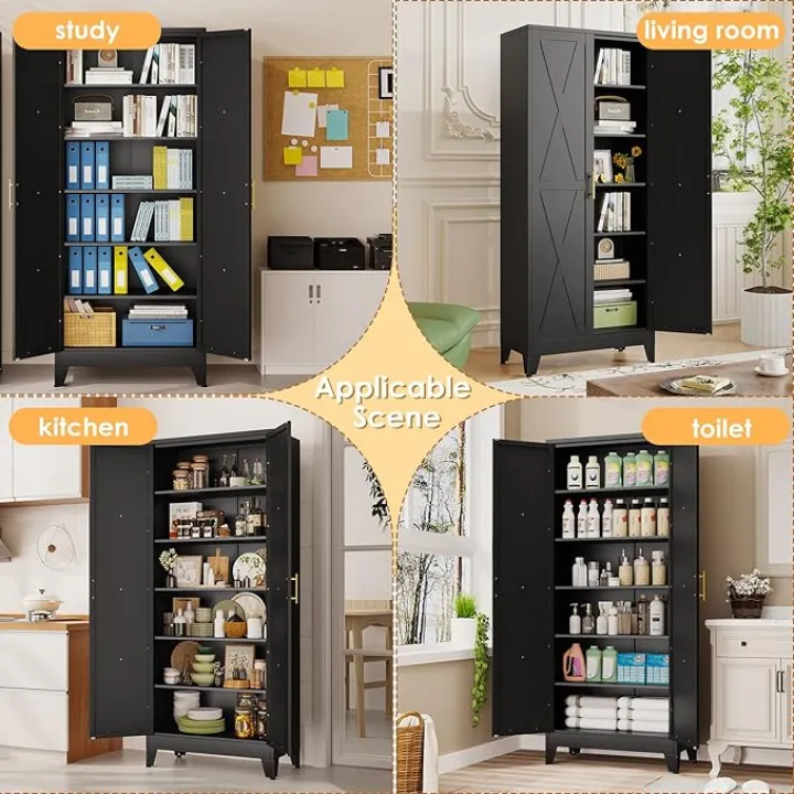 75" Tall Metal Kitchen Pantry Storage Cabinet, Freestanding Cupboard with 2 Doors and 5 Adjustable Shelves, Standing Storage for Kitchen, Bathroom, Dinning Room or Utility Room（Black）