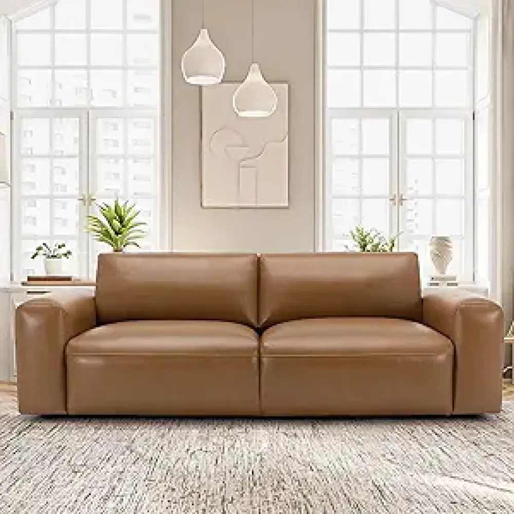 COLAMY 95" Oversized PU Leather Sofa, Comfy Sofa Couch with Extra Deep Seats, Wide Arm, Down Filled 3-Seater Sofa for Living Room, Apartment Lounge-Brown