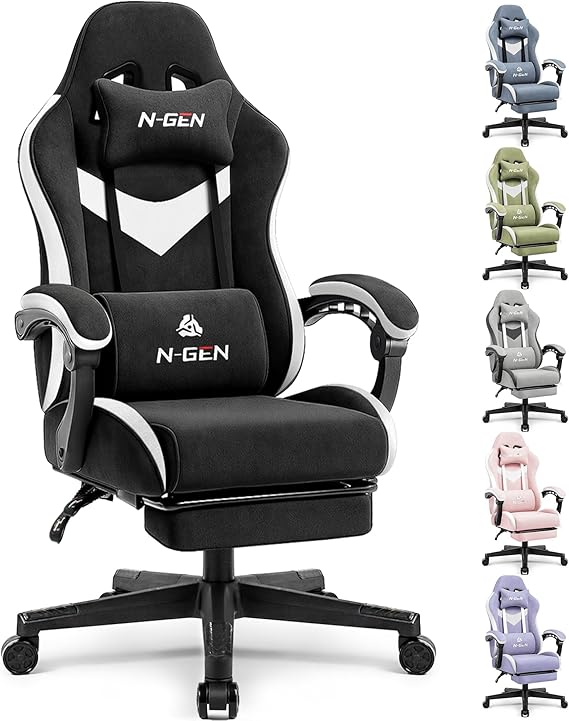 N-GEN GAMING Video Gaming Chair Office Computer Desk Use Ergonomic Reclining Backrest Adjustable Armrests Lumbar Support Footrest High Density Foam Breathable Fabric Heavy Duty Base (Black)