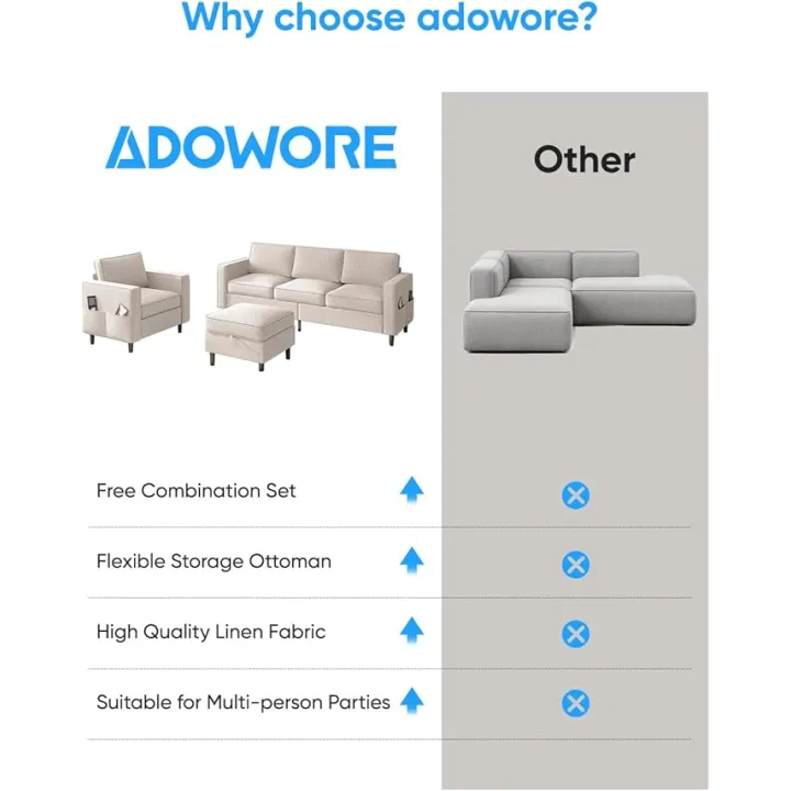 2 Piece Living Room Sofa Sets, Modern 3 Seater Sofa with Storage Ottoman and Armchair Sets, Linen Fabric L Shaped Sectional Couch + Single Chair Sofa Sets for Living Room, Apartment