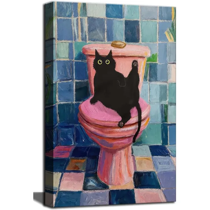 VOIKRTJX Funny Black Cat Bathroom Wall Art Pink Bathroom Canvas Painting Wall Decor Funny Animal Restroom Picture Prints Cat on Toilet Poster Painting for Restroom Bedroom 12x16 Inch Ready to Hang
