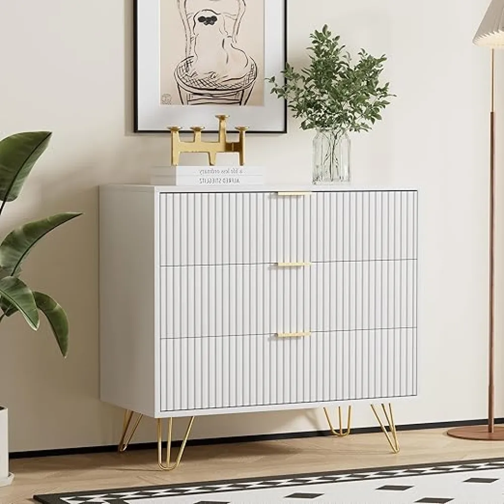 White Dresser for Bedroom, Fluted Modern Dresser with Gold Pulls and 3 Drawers, 15.7" D x 31.5" W x 29.5" H