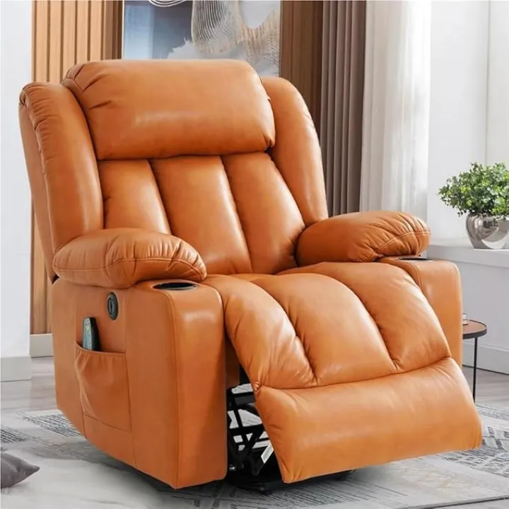 Large Breathable Leather Recliner Chair, Power Lift Chair for Elderly with Massage and Heating, Ergonomic Lounge 2 Cup Holders Side Pockets, Single Sofa Remote Control USB Port Living Room