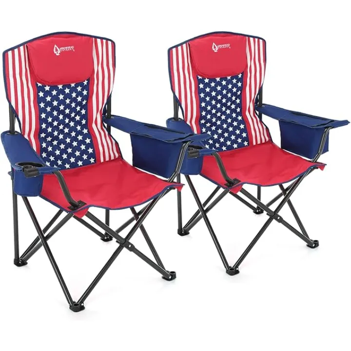 ARROWHEAD OUTDOOR 2-Pack Portable Folding Camping Quad Chair w/ 6-Can Cooler, Cup & Wine Glass Holders, Heavy-Duty Carrying Bag, Padded Armrests, Headrest & Seat, Supports up to 550lbs