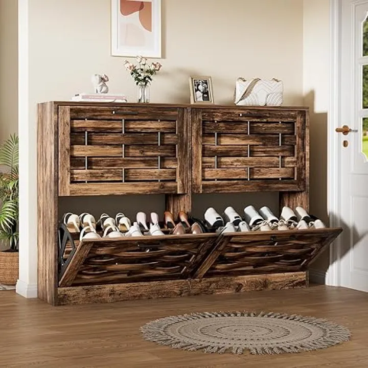 Entryway Shoe Storage Cabinet, Freestanding Organizer for Entryway with 4 Flip Drawers, Freestanding Hidden Shoe Cabinet for Porch Hallway Living Room (Rustic Brown, 4 Drawers)