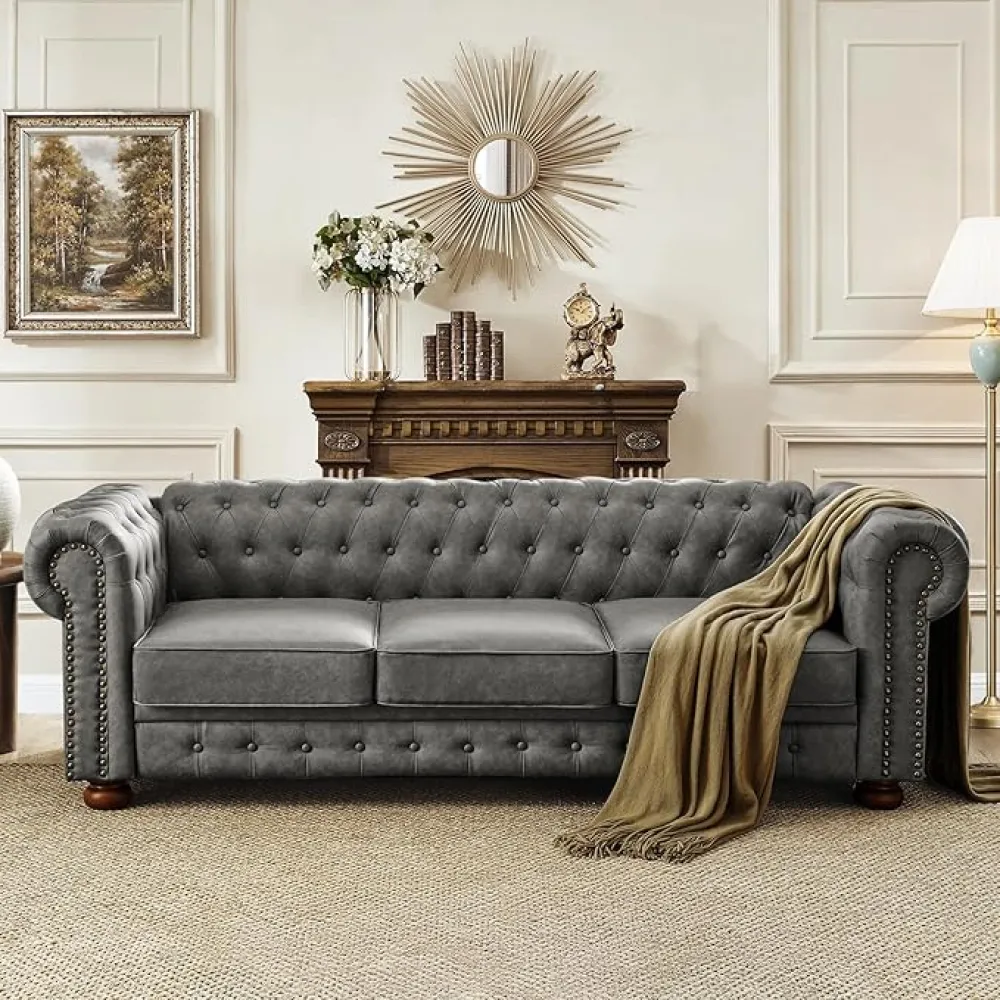 88.5''W Faux Leather Chesterfield Sofa,Mid Century Modern Couch With Button Tufted & Rolled Armrests,Comfy 3-Seater Deep Seat Sofa With Nailhead Trim & Gourd Legs for Living Room,Apartment(Dark Grey)