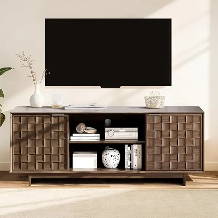 COLAMY TV Stand with Two Doors, Entertainment Center 59" with Adjustable Shelves and Storage, Mid-Century Modern TV Stand for 50/55/65 inch TV, Media Console Cabinet for Living Room, Bedroom Walnut
