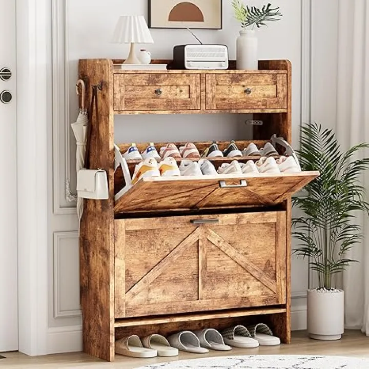 Shoe Cabinet with 2 Flip Drawers & 2 Top Drawers, 43" Tall Freestanding Narrow Wooden Shoe Storage Organizer for Entryway, Hidden Slim Shoe Rack for Front Door Entrance, Hallway, Living Room, Brown