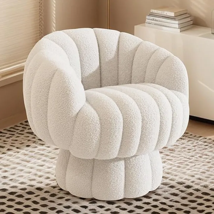 Modern 360 Degree Armless Swivel Accent Chair, Sherpa Fleece Vanity Chair, Wide Upholstered Pumpkin Reading Chair for Living Room, Bedroom, Beige