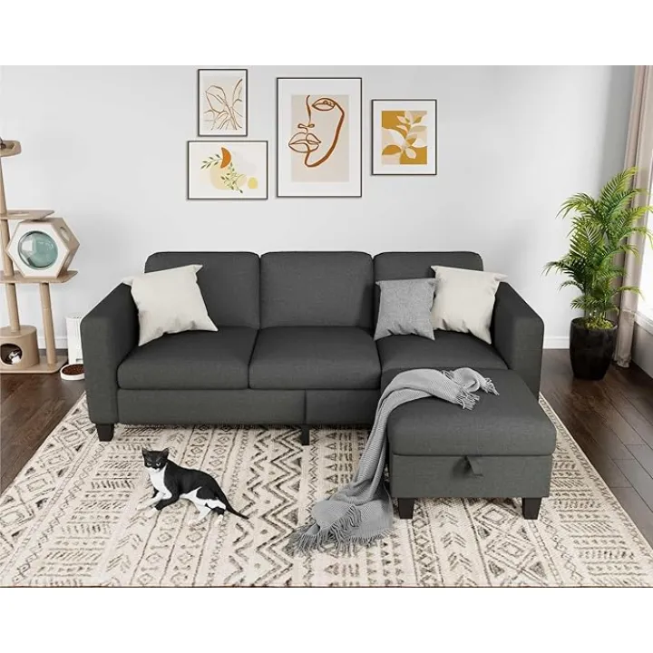 Sofa Couch-Convertible Sectional: 3-Seat Dark Gray-Linen L-Shaped Modern Sofa Couch with Reversible Storage Ottoman & Storage Pockets for Living Room, Apartment, Studio or Small Space