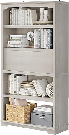 HIFYOBRO 5 Tier Bookshelf and Bookcase, 71" Tall Wood Bookshelves with Flip-Down Door on 3rd Book Shelf, Freestanding Open Display Storage for Study Room, Home Office (White)