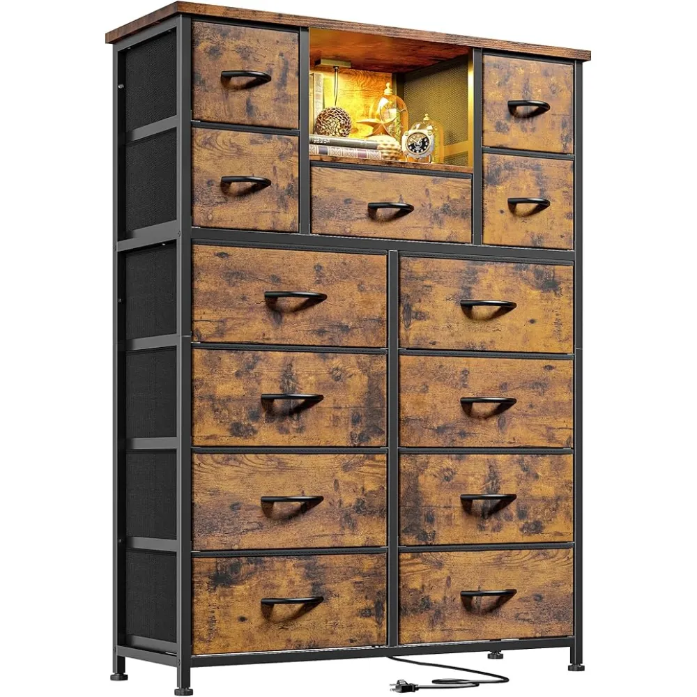 Tall Dressers for Bedroom with Led Light and 4 Charging Ports,13 Storage Drawers,Drawer for Closet, Hallway, Living Room, Entryway（Rustic Brown）