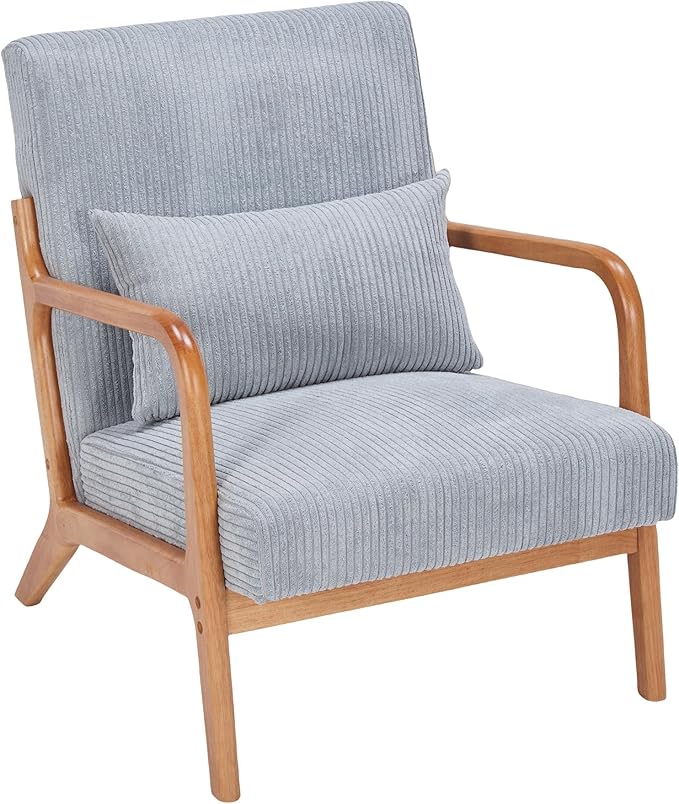 Accent Chair Mid Cemtury Modern Living Room Chair with Pillow Upholstered Reading Armchair for Living Room Bedroom Balcony, Light Grey Corduroy Fabric+Brown Solid Wood Frame