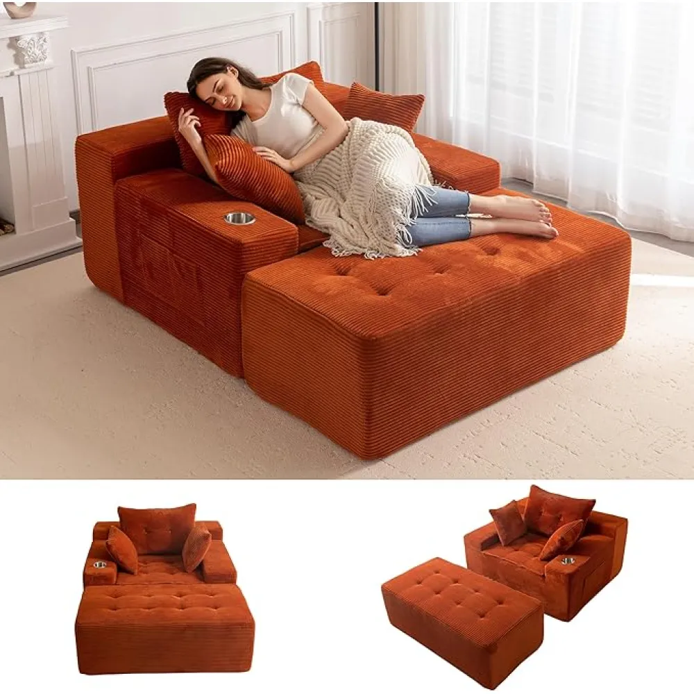 MAXYOYO Oversized Chaise Lounge Sofa, Upholstered Lounge Chair with 3 Pillows Indoor, Tufted Boneless Sofa Couch with Ottoman, Deep Seat Sleeper Chair for Living Room, Bedroom, No Assembly, Orange