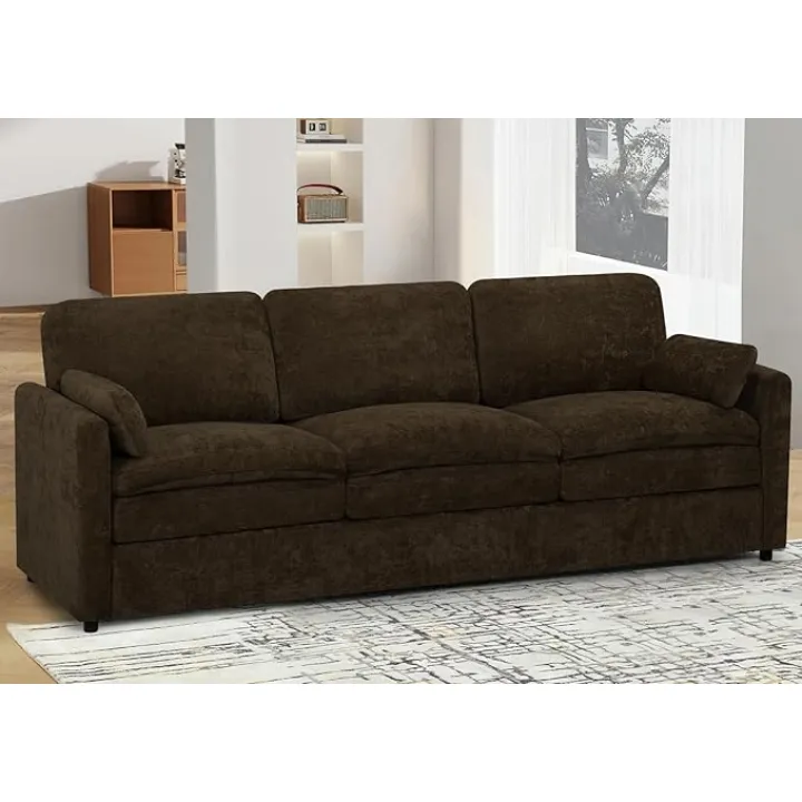 89" Chenille 3 Seats Sofa with 2 Pillows, Modern Upholstered Sofa with Deeper Seats, Comfy Sofa with Thickened Cushions for Living Room, Apartment, Brown