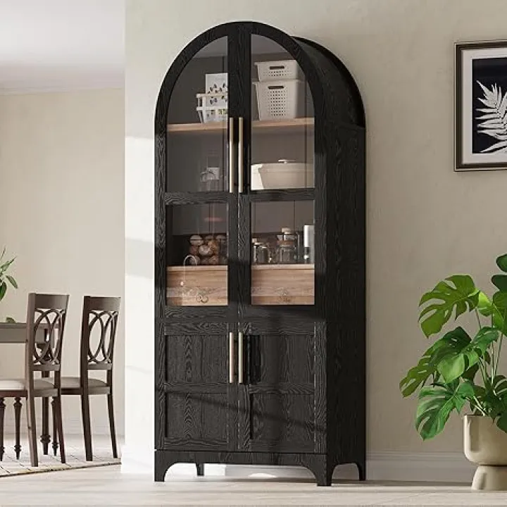 71" Tall Arched Kitchen Pantry Cabinet with Door Shelves, Farmhouse Kitchen Storage Cabinet with Adjustable Shelves, Hidden Drawer & Glass Door, Cupboard for Kitchen, Dining Room, Ash Black