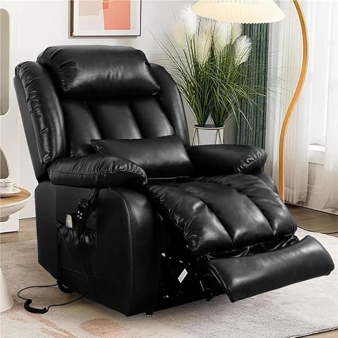 Genuine Leather Power Lift Recliner Chair with Heat and Massage Adjustable Back and Legs USB Ports Side Pockets for Elderly Bedroom Living Room Sofa Chair