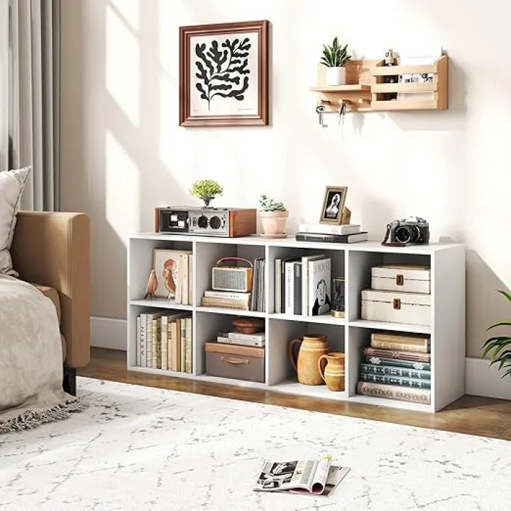 Tangkula 8-Cube Bookcase, Large Floor Standing Horizontal Bookshelf with 8 Open Shelves & 2 Anti-Tipping Kits, Home Office Wooden Storage Book Shelf for Living Room, Study (White, 8-Cube)