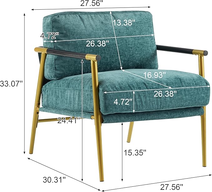 Mid-Century Modern Accent Chair, Armchair for Living Room, Comfortable Upholstered Reading Chair with Metal Frame and Wooden Armrest, for Bedrooms, Small space, Apartments (Teal Blue+ Polyester)