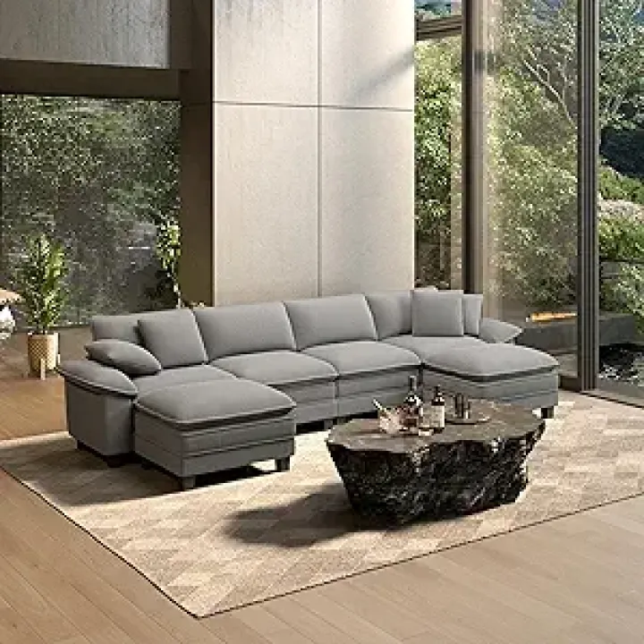 HERA'S HOUSE 158" U Shaped Modern Cloud Sofa Modular Sectional Couch with Removable Arms, 6-Seat with Ottoman Corduroy Deep Seat for Living Room, Bedroom, Apartment