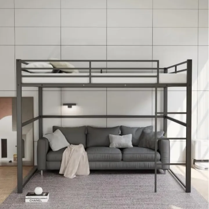 Full Size Metal Loft Bed Frame with Safety Guard Rails & Ladder, Heavy Duty Twin Bunk Bed, No Box Spring Needed, Space Saving Sturdy Steel Structure, Easy Assembly(Black)