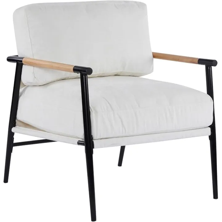 27.56" Modern Accent Chair, Office Seating with Plush Cushions, Minimalist Metal Frame and Wooden Armrest Design, Accent Chair for Cozy Living Room and Bedroom, White