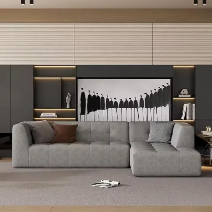 L-Shape Sectional Sofa Sectional Sofa Couch with 2 Free Pillows 4-seat Polyester Fabric Couch with Convertible Ottoman