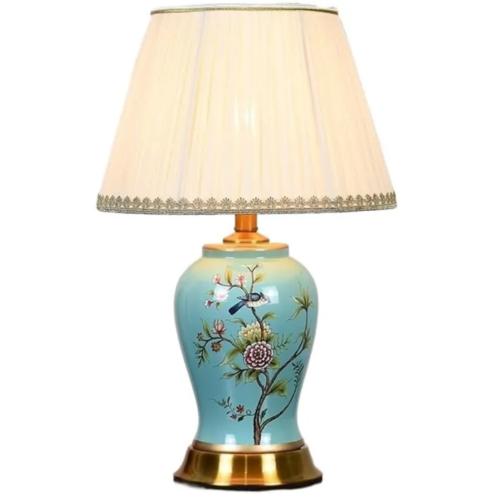 Vintage Bird Flower Ceramic Table Lamp Modern White Fabric Shade Table Light Fixture Gold Metal Desk Lamps for Bedroom(Blue,Pleated Shade)