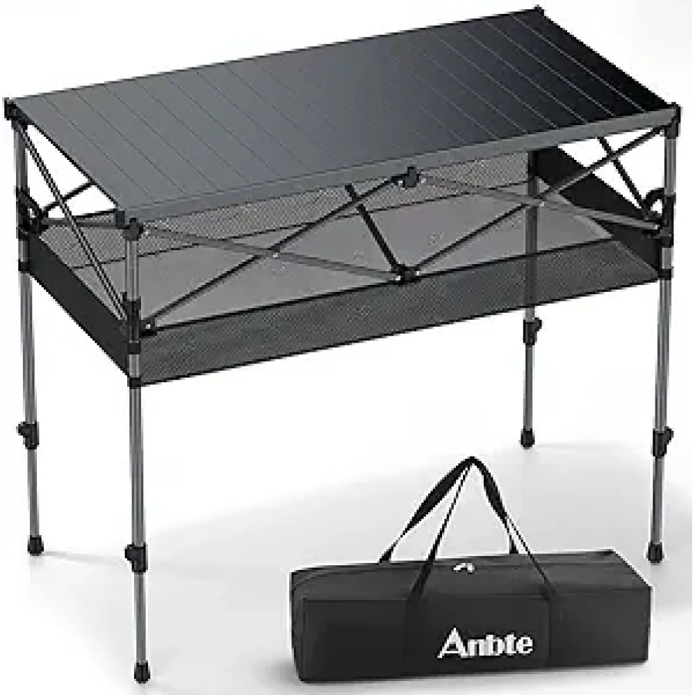 Folding Camping Table, 2 Adjustable Height 34.2” high Support 264lbs Roll Up Camping Table with Storage Basket and Bag, 39.4” x 19.7” Aluminum Outdoor Table, for Picnic Travel BBQ Party, Black