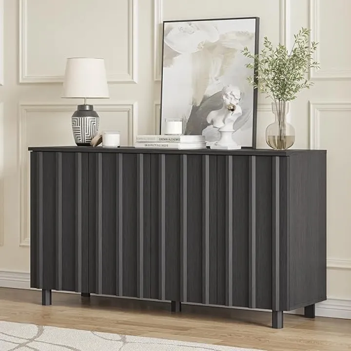 Swedhuas Fluted Sideboard Buffet Cabinet, 59" Modern Coffee Bar Storage with 4 Doors,Cabinet Accent Console Cabinet with Adjustable Shelves Buffet Accent Table for Dinning Room Walnut Black