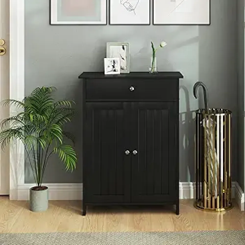 GOFLAME Bathroom Floor Cabinet, Freestanding Storage Organizer w/2 Doors, 1 Drawer & 1 Adjustable Shelf, Modern Storage Cabinet for Living Room, Entryway, Kitchen (Black)