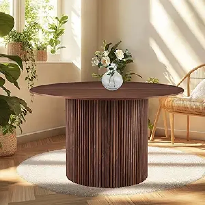 SSLine Modern Fluted Dining Table for 4-6 People 47.2 Inch Round Kitchen Table with Large Pedestal Base Farmhouse Wooden Circle Dinner Table for Kitchen Dining Room (Walnut)