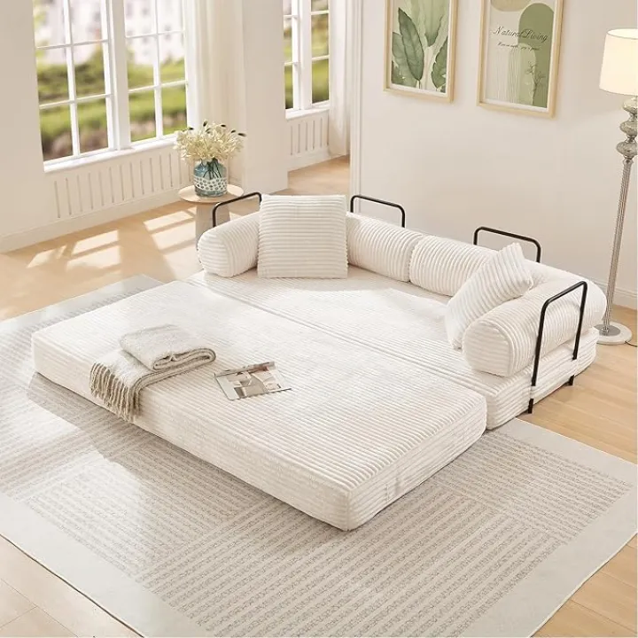 78.5"W Convertible Folding Sofa Bed, Corduroy Upholstered Queen Size Foam Floor Couch with Fixed-Shaped Frame, Loveseat Sleeper Compression Sofa Foldable Mattress for Living Room, Bedroom(Beige)