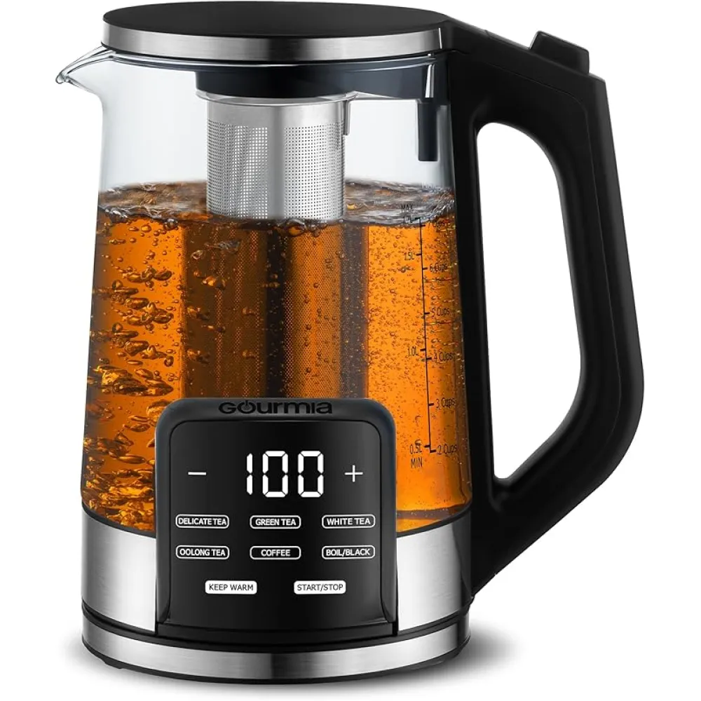 Gourmia GDK2365 Electric Programmable Kettle – 1.7L Glass Cordless Tea & Coffee Kettle with Touch Display, 6 Temperature Presets, Keep Warm Function, Removable Infuser – Stainless Steel/Glass