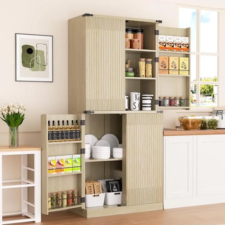 71'' Tall Fluted Pantry, Modern Fluted Storage Cabinet with Adjustable Shelves & Door Racks, Freestanding Food Pantry, Wood Versatile Cupboard for Kitchen, Dining Room, Bathroom, Dark Grey