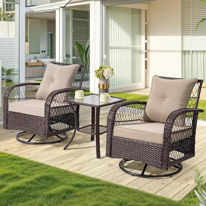 LotFun Outdoor Swivel Rocker Chairs, 3 Piece Wicker Swivel Rocker Patio Chairs Set with Chair Covers, Thick Cushio and Side Table, Rattan Patio Swivel Rocking Chairs for Garden, Beach, Balcony