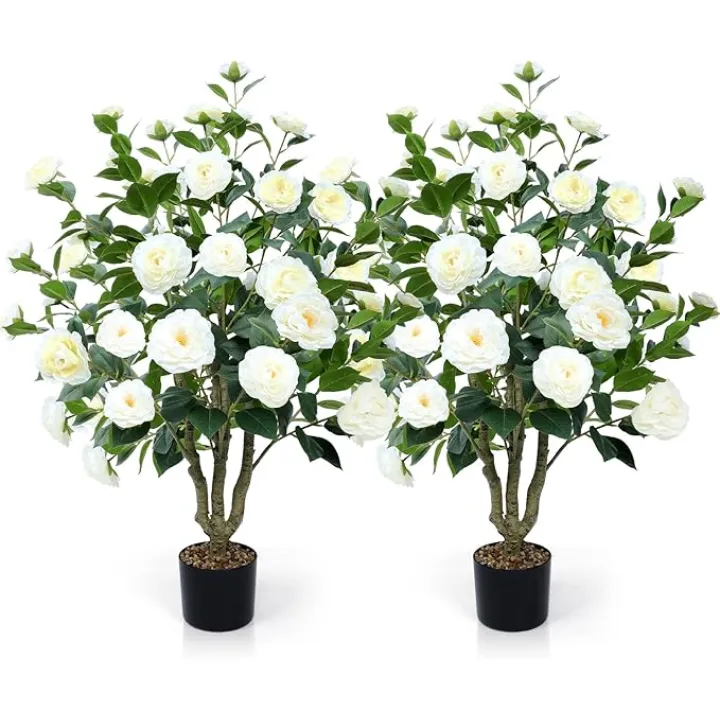 Artificial Camellia Tree,2 Pack 42" Faux Floral Plants with 32 Blooming Flowers,Greenery Potted Fake Plant for Outdoor Indoor Home Decor Porch Patio Garden