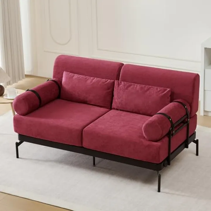 Modern Loveseat Sofa 59" Sofa Couch 2-Seater Sofa with Flexible USB Ports, Unique Cylindrical Armrests for Living Room, Red