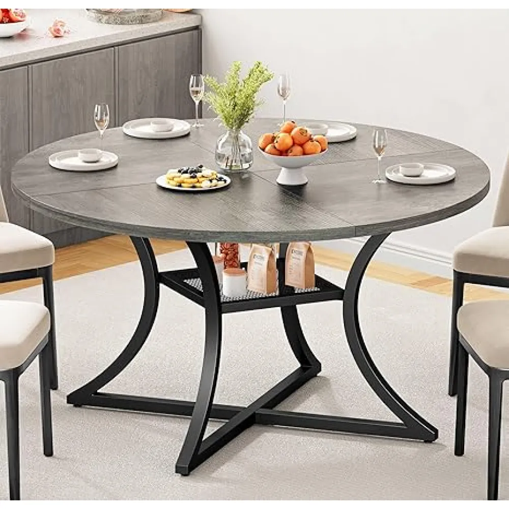 IRONCK 47.2" Round Dining Table for 4, Wood Kitchen Table with Storage Shelf for Dining Room, Dinner Table with Wooden Tabletop and Metal Base, Gray