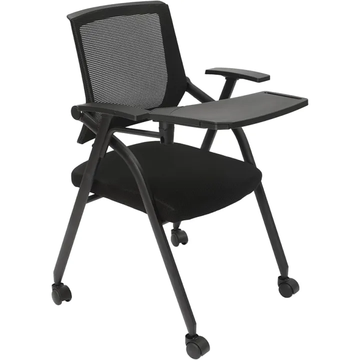 Mesh Guest Nesting Chair with Tablet and Caster Wheel Black Tablet Arm Chair Movable Conference Room Chair for Office School Classroom Training Conference Waiting Room(Black)