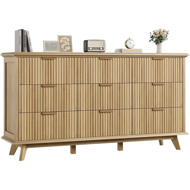 Fluted 9 Drawers Dresser, 59.1" Wide Modern Chest of Drawers with Metal Handle, Large Dresser TV Stand, Wood Drawer Organizer for Bedroom, Living Room, Hallway, Dormitory, Natural Oak