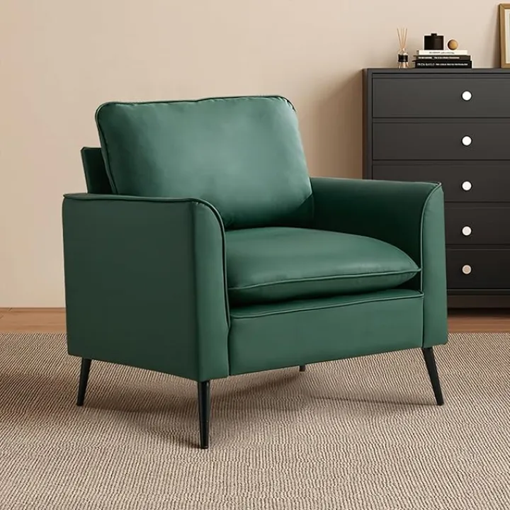 Nordic Retro Single Casual Sofa Chair,Faux Leather Upholstered Armchair,Comfortable Reading Chair,Simple Stylish Accent Chairs for Bedroom,Living Room,Balcony,Office,Green