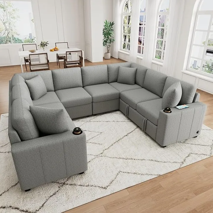 Merax Convertible Pull-Out Sofa Bed 108.7" U-Shaped Chenille 6 Seat Sectional Sofa for Living Room Guest Room, with Built-in USB Charging Ports and Dual Cup Holders, Gray