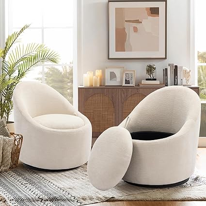 COLAMY Swivel Accent Chair Set of 2, 360° Swivel Round Chair with Hidden Storage, Modern Small Barrel Armchair for Living Room/Bedroom, Beige