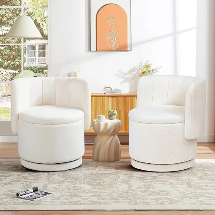 360° Swivel Accent Chair Set of 2 with Hidden Storage, Modern Round Swivel Barrel Chair, Comfy Upholstered, Boucle Fabric, for Living Room, Bedroom, Office, Small Space, Beige