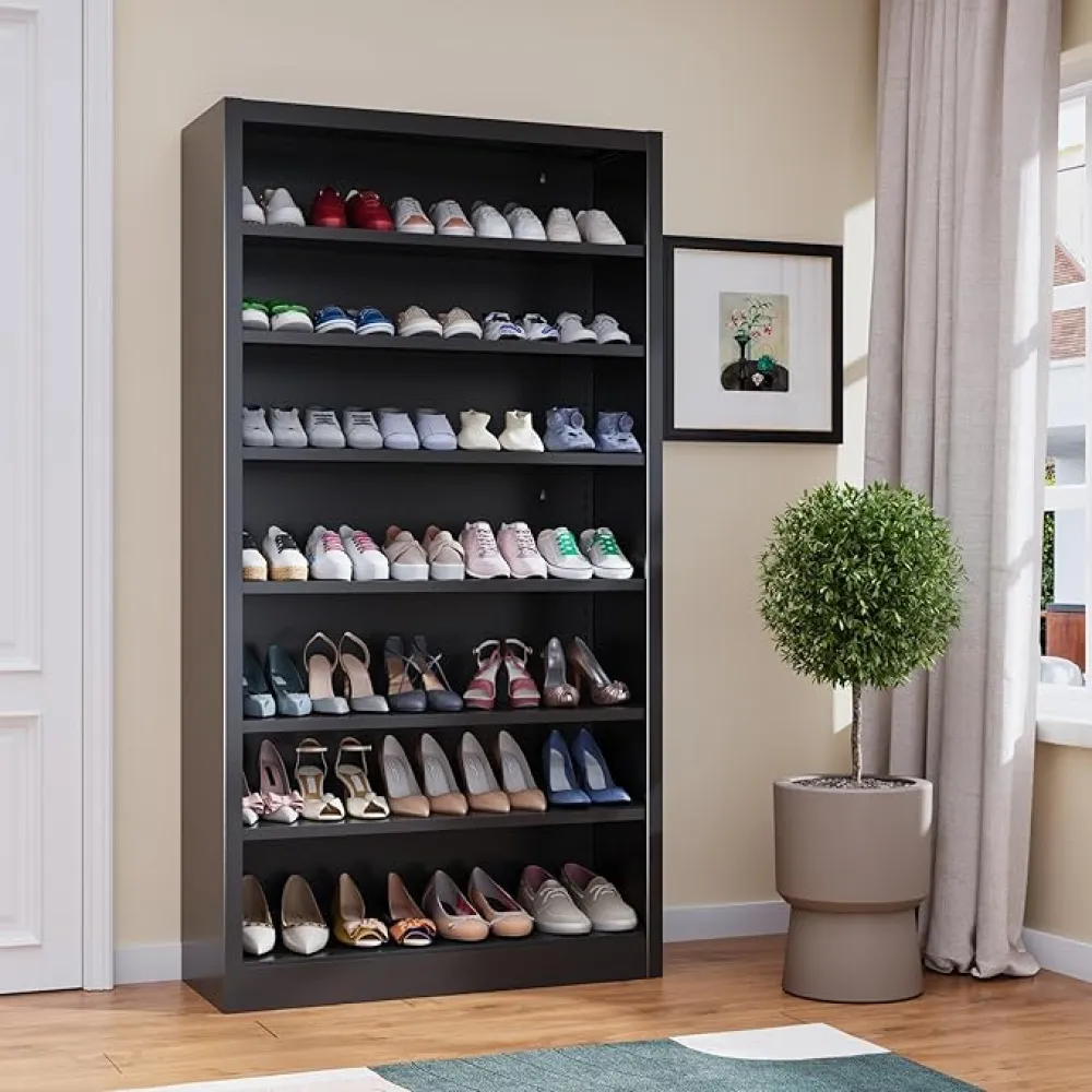 Metal Shoe Storage Cabinet, 8 Tier Shoe Cabinet with Adjustable Open Shelves, 55" H Freestanding Shoe Organizer Cabinet for Entryway, Hallway, Living Room, Bedroom, Office (Black)