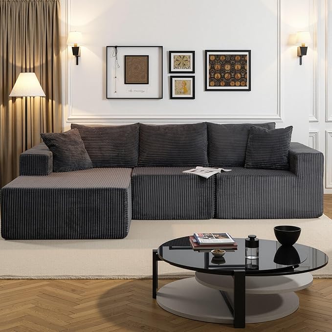 108” Modular Sectional Sofa Couch with Chaise, Deep Seat Cloud L-Shaped Compression Sofa for Living Room or Bedroom, Soft Corduroy Upholstery, Left Facing Chaise – Grey